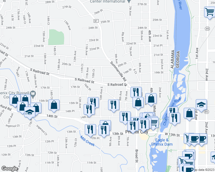 map of restaurants, bars, coffee shops, grocery stores, and more near 911 South Railroad Street in Phenix City