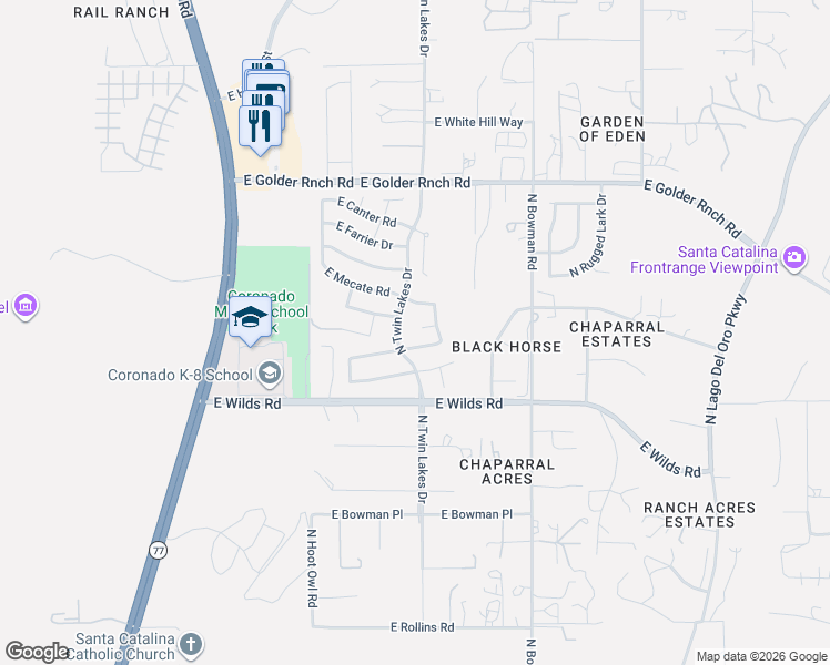 map of restaurants, bars, coffee shops, grocery stores, and more near 3715 East Fjord Pony Road in Tucson