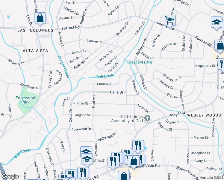 map of restaurants, bars, coffee shops, grocery stores, and more near 1827 Celia Drive in Columbus