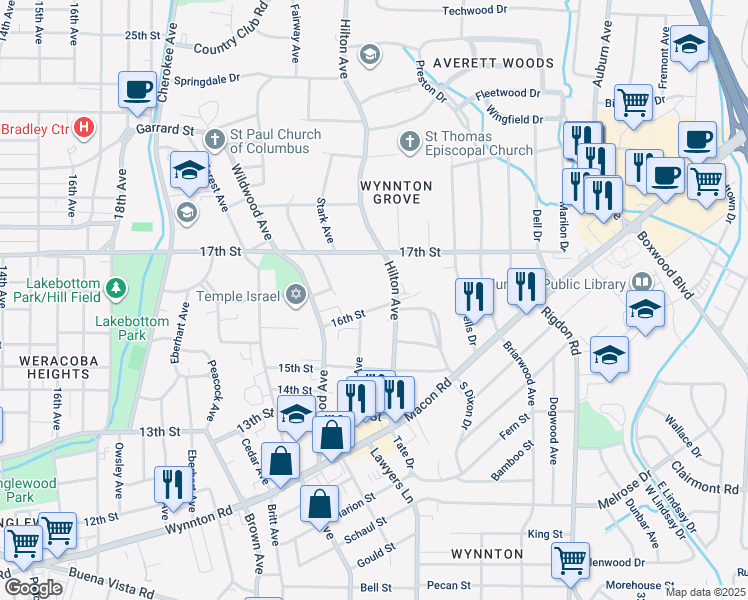 map of restaurants, bars, coffee shops, grocery stores, and more near 2407 16th Street in Columbus