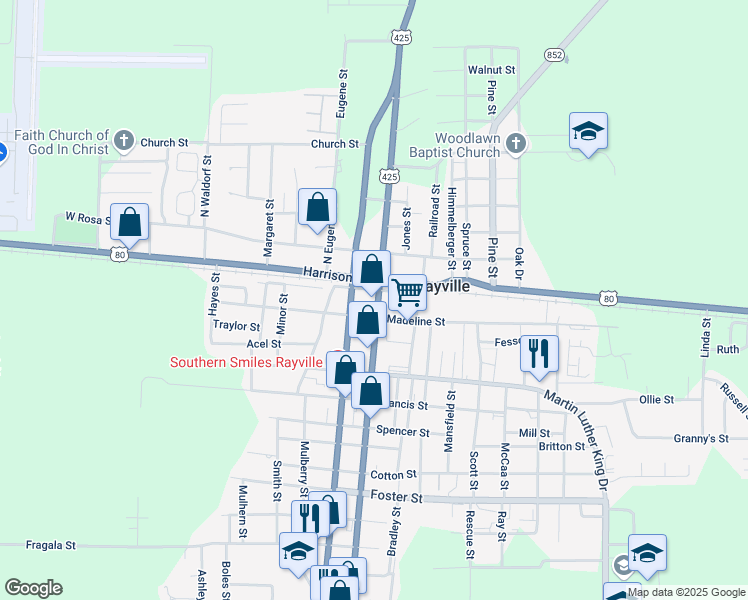 map of restaurants, bars, coffee shops, grocery stores, and more near 712 North Louisa Street in Rayville