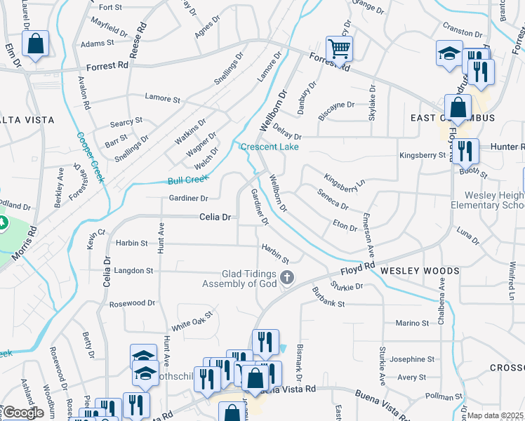 map of restaurants, bars, coffee shops, grocery stores, and more near 4849 Gardiner Drive in Columbus