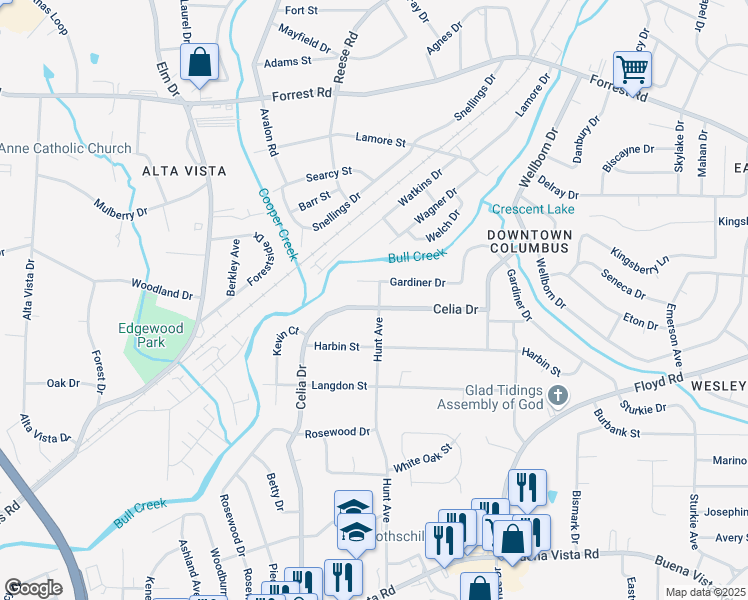 map of restaurants, bars, coffee shops, grocery stores, and more near 1633 Celia Drive in Columbus