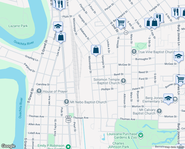 map of restaurants, bars, coffee shops, grocery stores, and more near 711 Mississippi Street in Monroe