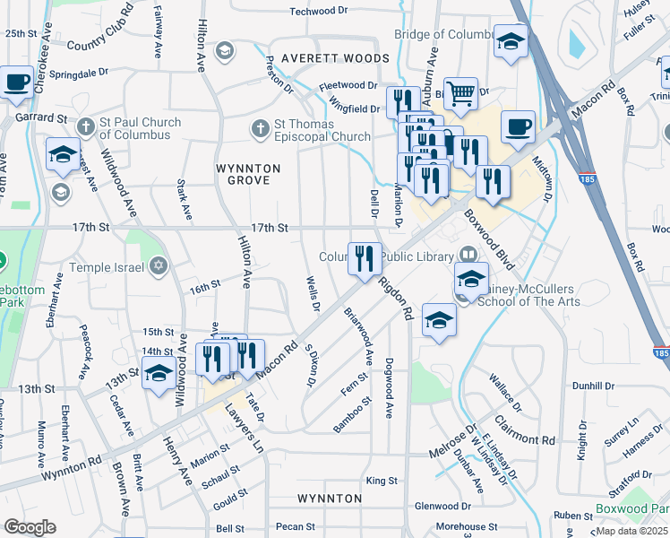 map of restaurants, bars, coffee shops, grocery stores, and more near 1538 Preston Drive in Columbus