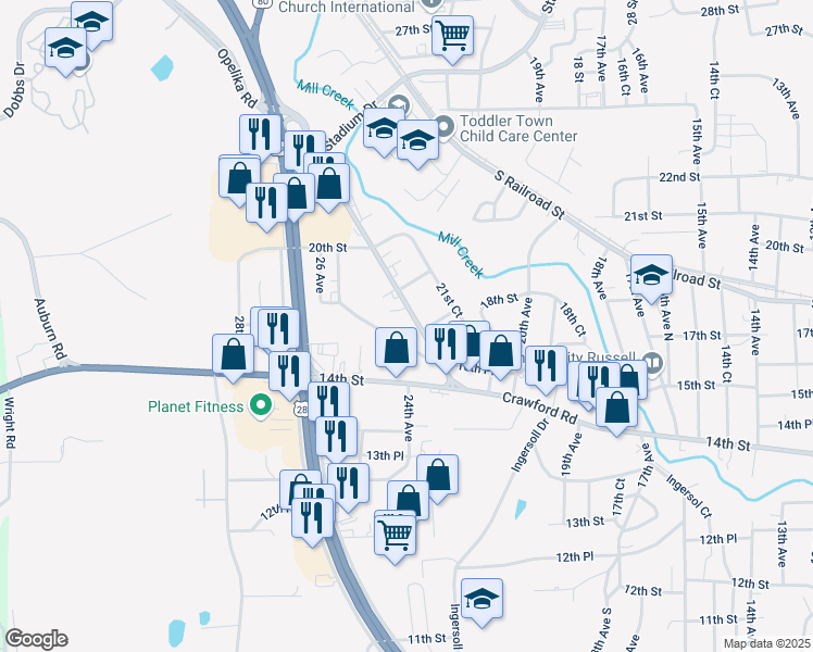 map of restaurants, bars, coffee shops, grocery stores, and more near 1701 Opelika Road in Phenix City