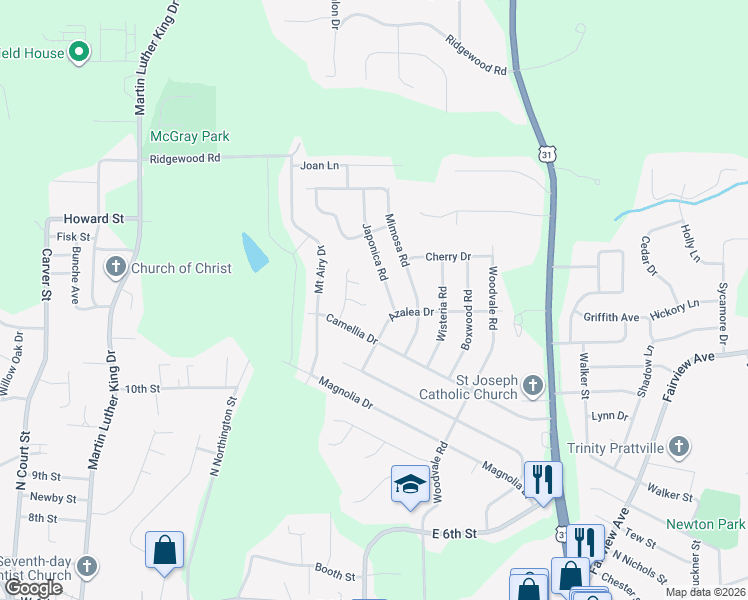 map of restaurants, bars, coffee shops, grocery stores, and more near 307 Esther Court in Prattville