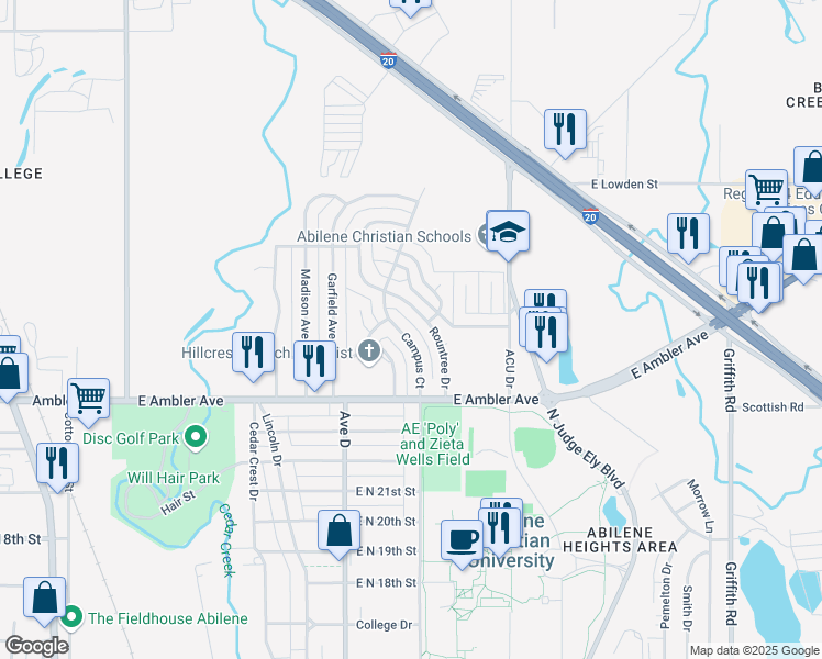 map of restaurants, bars, coffee shops, grocery stores, and more near 2473 Campus Court in Abilene