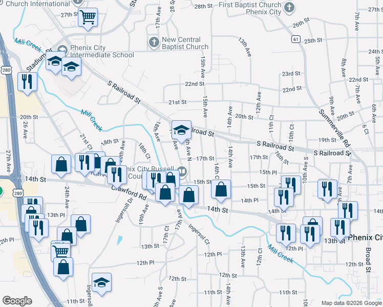 map of restaurants, bars, coffee shops, grocery stores, and more near 1606 16th Avenue in Phenix City