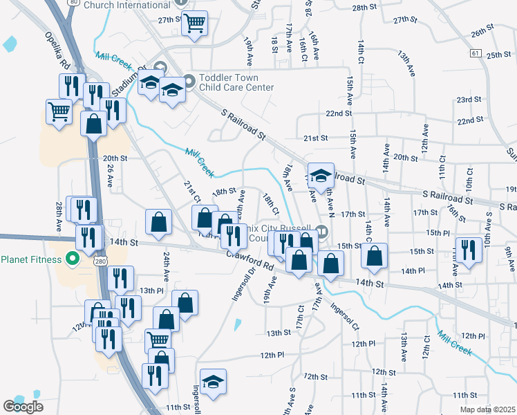 map of restaurants, bars, coffee shops, grocery stores, and more near 1808 16th Place in Phenix City