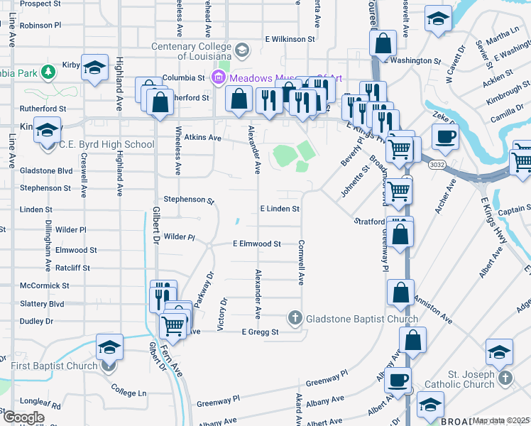 map of restaurants, bars, coffee shops, grocery stores, and more near 209 East Linden Street in Shreveport