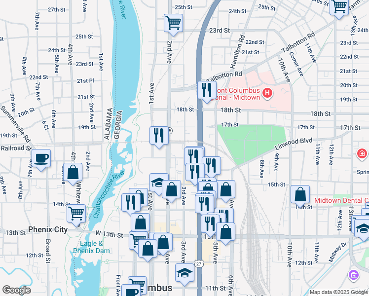 map of restaurants, bars, coffee shops, grocery stores, and more near 1617 3rd Avenue in Columbus