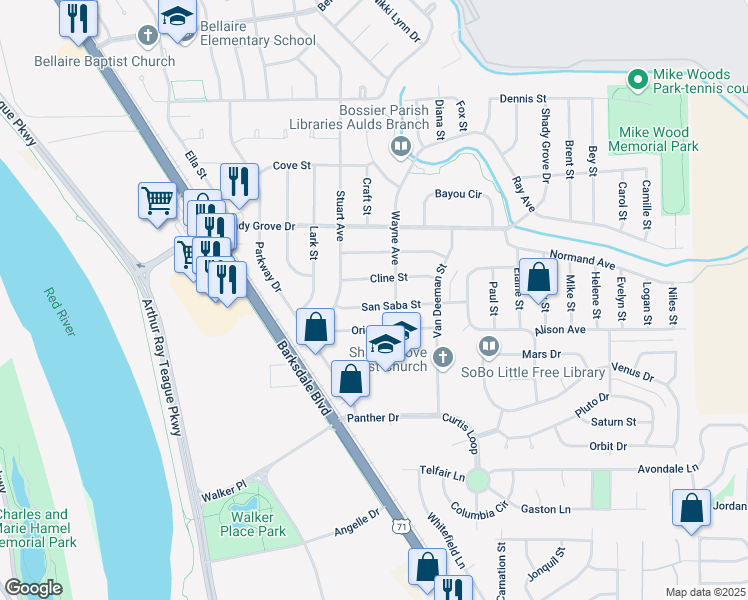map of restaurants, bars, coffee shops, grocery stores, and more near 1613 San Saba Street in Bossier City