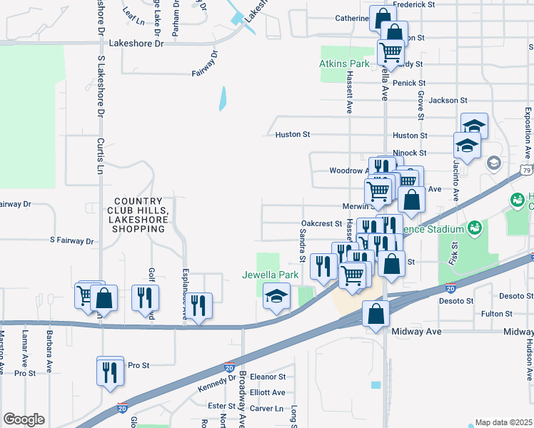 map of restaurants, bars, coffee shops, grocery stores, and more near 3933 Oakcrest Street in Shreveport