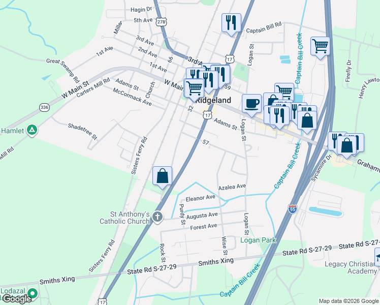 map of restaurants, bars, coffee shops, grocery stores, and more near 10400-10598 S Jacob Smart Blvd in Ridgeland