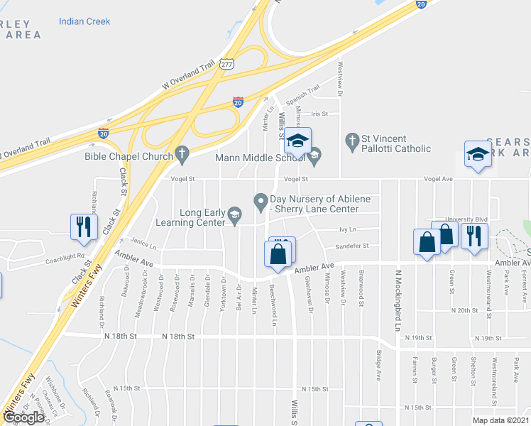 map of restaurants, bars, coffee shops, grocery stores, and more near 2334 Minter Lane in Abilene