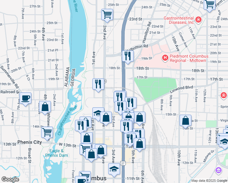 map of restaurants, bars, coffee shops, grocery stores, and more near 1619 3rd Avenue in Columbus