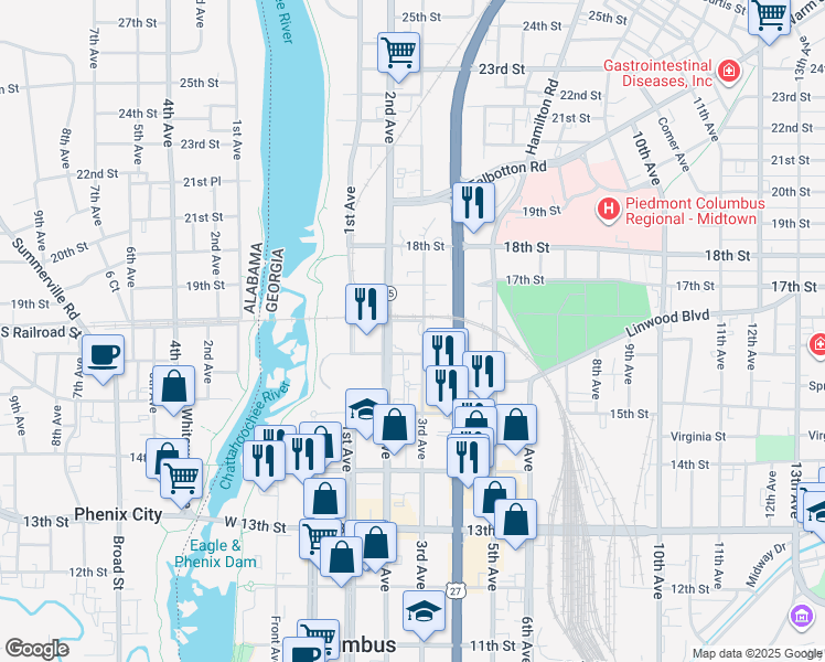 map of restaurants, bars, coffee shops, grocery stores, and more near 1619 3rd Avenue in Columbus