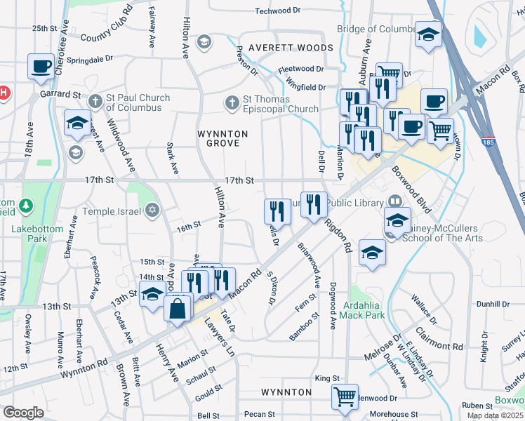 map of restaurants, bars, coffee shops, grocery stores, and more near 1566 South Dixon Drive in Columbus