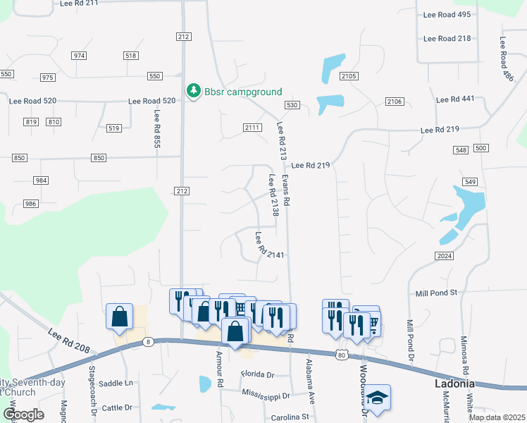 map of restaurants, bars, coffee shops, grocery stores, and more near 220 Lee Road 2141 in Phenix City