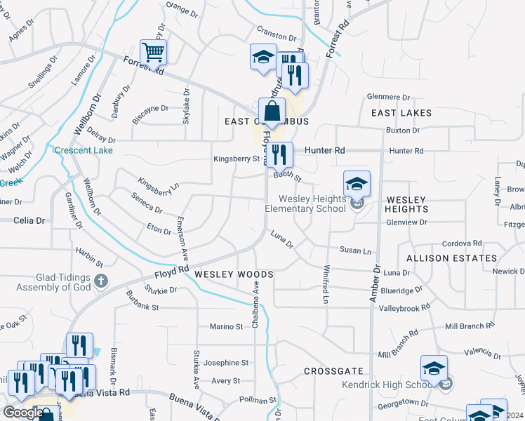 map of restaurants, bars, coffee shops, grocery stores, and more near 1711 Floyd Road in Columbus