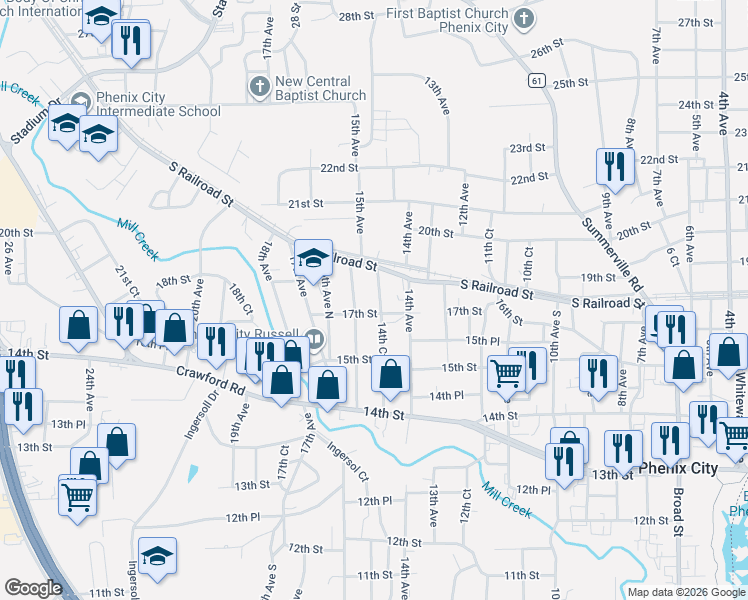 map of restaurants, bars, coffee shops, grocery stores, and more near 1611 14th Court in Phenix City