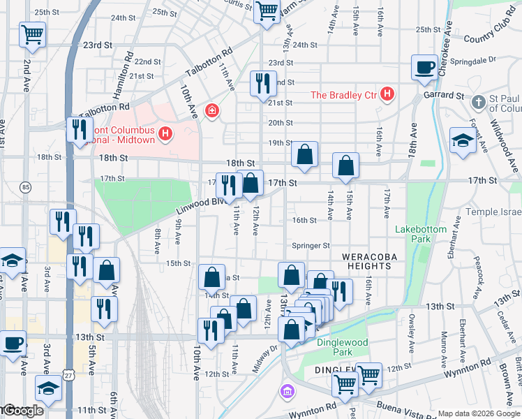 map of restaurants, bars, coffee shops, grocery stores, and more near 1605 12th Avenue in Columbus