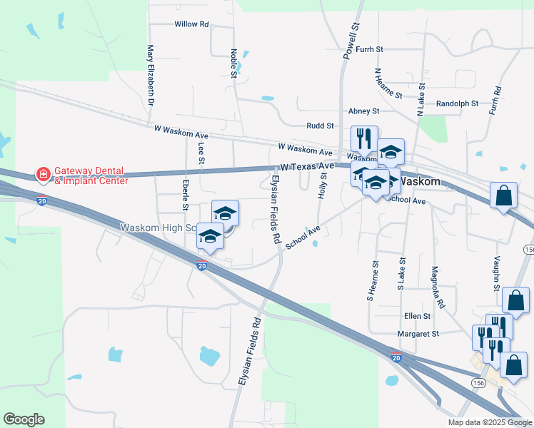 map of restaurants, bars, coffee shops, grocery stores, and more near 398-598 Farm to Market Road 9 in Waskom