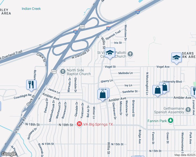 map of restaurants, bars, coffee shops, grocery stores, and more near 2334 Minter Lane in Abilene