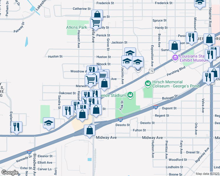 map of restaurants, bars, coffee shops, grocery stores, and more near 3727 Grove Street in Shreveport