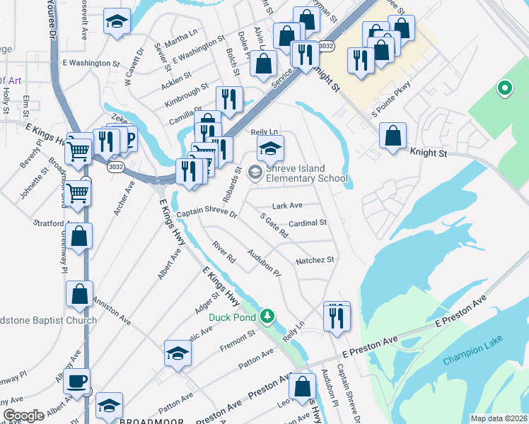 map of restaurants, bars, coffee shops, grocery stores, and more near 873 South Gate Road in Shreveport