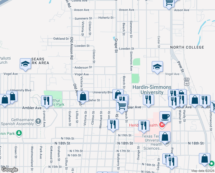 map of restaurants, bars, coffee shops, grocery stores, and more near 2426 Swenson Street in Abilene