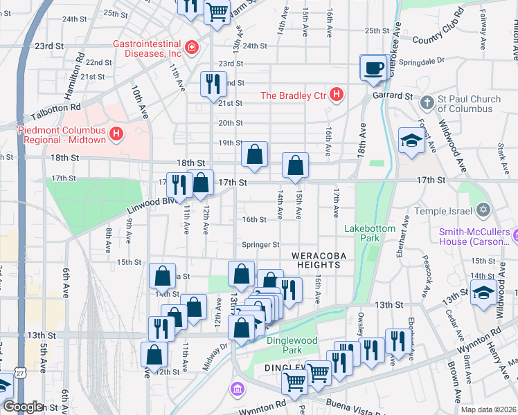 map of restaurants, bars, coffee shops, grocery stores, and more near 1323 16th Street in Columbus