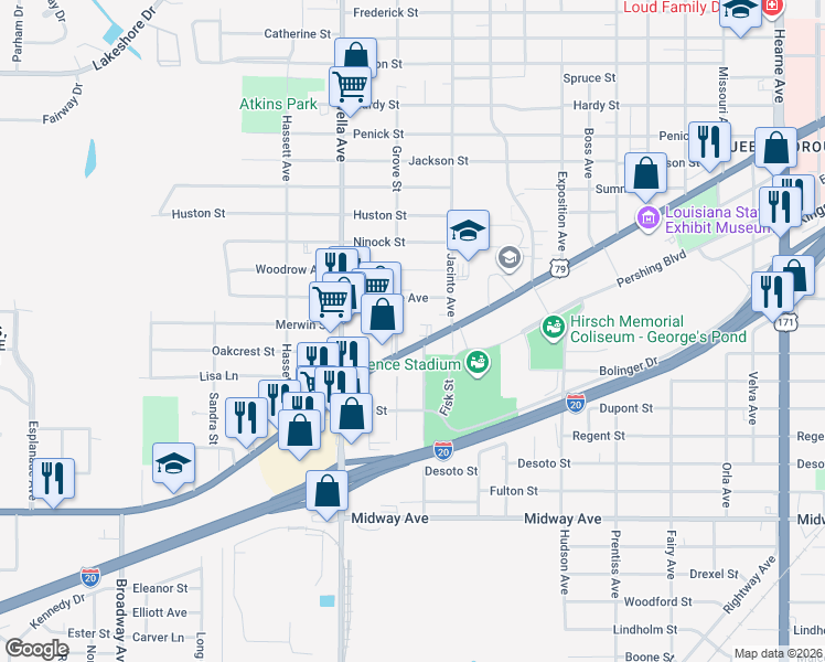 map of restaurants, bars, coffee shops, grocery stores, and more near 3727-3799 Grove Street in Shreveport