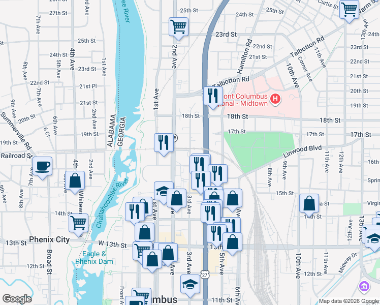 map of restaurants, bars, coffee shops, grocery stores, and more near 1625 3rd Avenue in Columbus