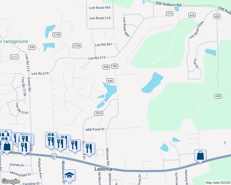 map of restaurants, bars, coffee shops, grocery stores, and more near 317 Mimosa Road in Phenix City
