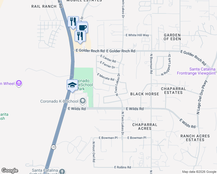 map of restaurants, bars, coffee shops, grocery stores, and more near 14900 North Saddlebred Road in Tucson