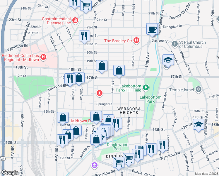 map of restaurants, bars, coffee shops, grocery stores, and more near 1355 16th Street in Columbus