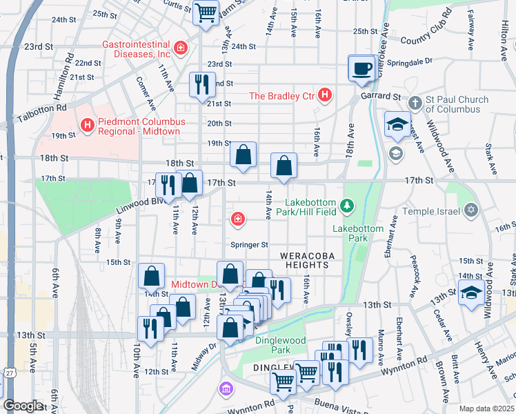 map of restaurants, bars, coffee shops, grocery stores, and more near 1355 16th Street in Columbus