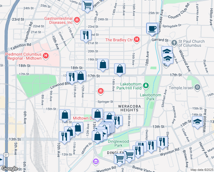 map of restaurants, bars, coffee shops, grocery stores, and more near 1355 16th Street in Columbus