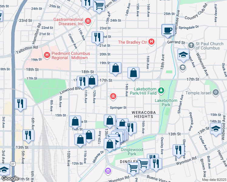 map of restaurants, bars, coffee shops, grocery stores, and more near 1323 16th Street in Columbus