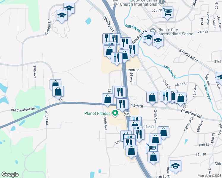 map of restaurants, bars, coffee shops, grocery stores, and more near 1702 28th Avenue in Phenix City