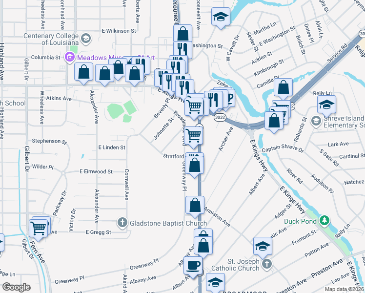 map of restaurants, bars, coffee shops, grocery stores, and more near 3464 Broadmoor Boulevard in Shreveport
