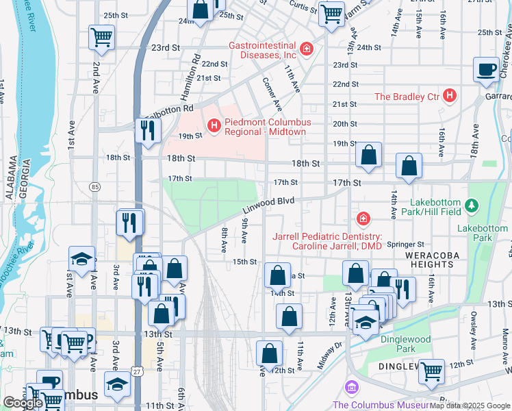 map of restaurants, bars, coffee shops, grocery stores, and more near Linwood Boulevard in Columbus