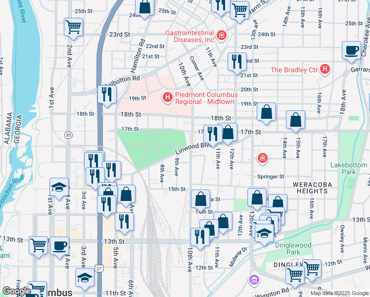 map of restaurants, bars, coffee shops, grocery stores, and more near Linwood Boulevard in Columbus