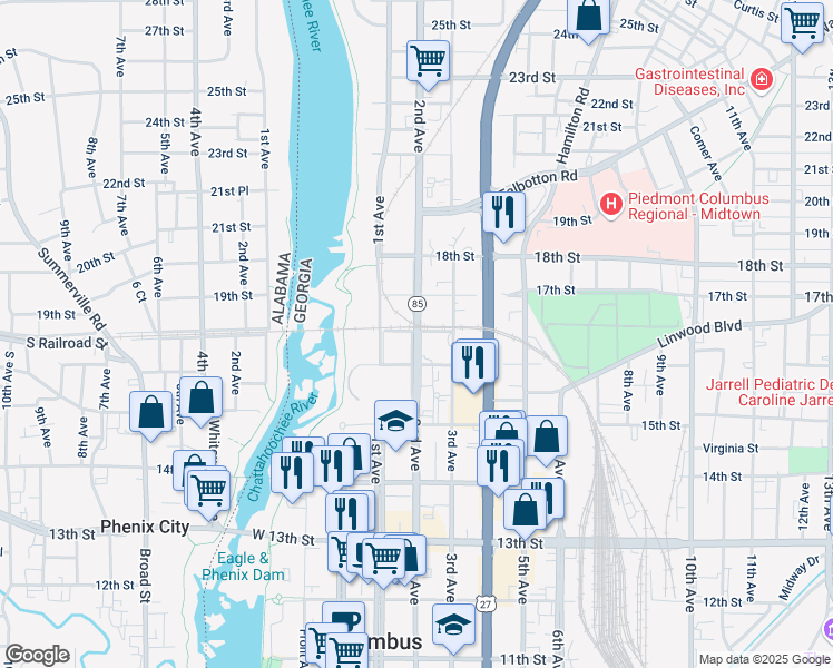 map of restaurants, bars, coffee shops, grocery stores, and more near 1611 2nd Avenue in Columbus