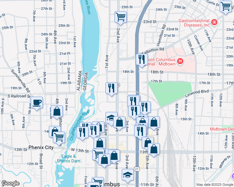 map of restaurants, bars, coffee shops, grocery stores, and more near 1611 2nd Avenue in Columbus
