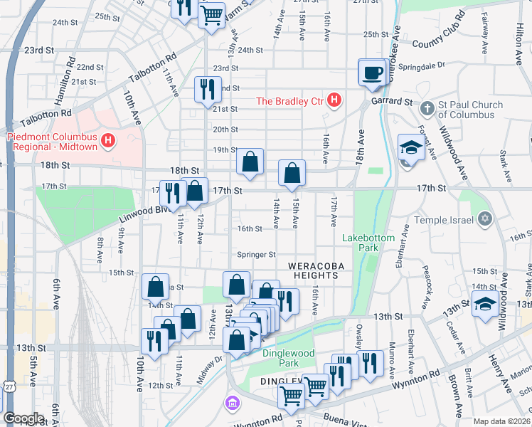 map of restaurants, bars, coffee shops, grocery stores, and more near 1342 17th Street in Columbus