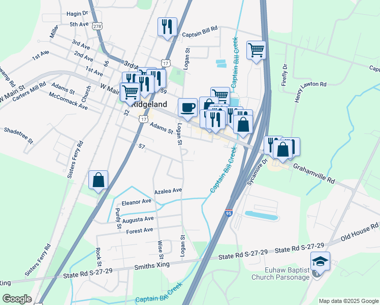map of restaurants, bars, coffee shops, grocery stores, and more near 596 Logan Street in Ridgeland
