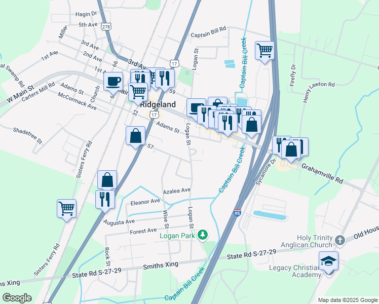 map of restaurants, bars, coffee shops, grocery stores, and more near 504 Logan Street in Ridgeland